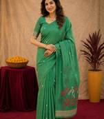 Green linen jacuard bird motif work bird saree with unstitched blouse piece