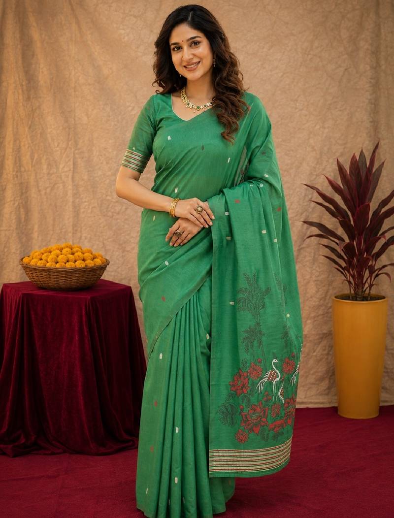Green linen jacuard bird motif work bird saree with unstitched blouse piece