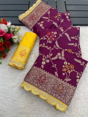 Wine hand dying & embroidery lace dola silk blend saree with blouse 1