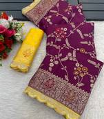 Wine hand dying & embroidery lace dola silk blend saree with blouse