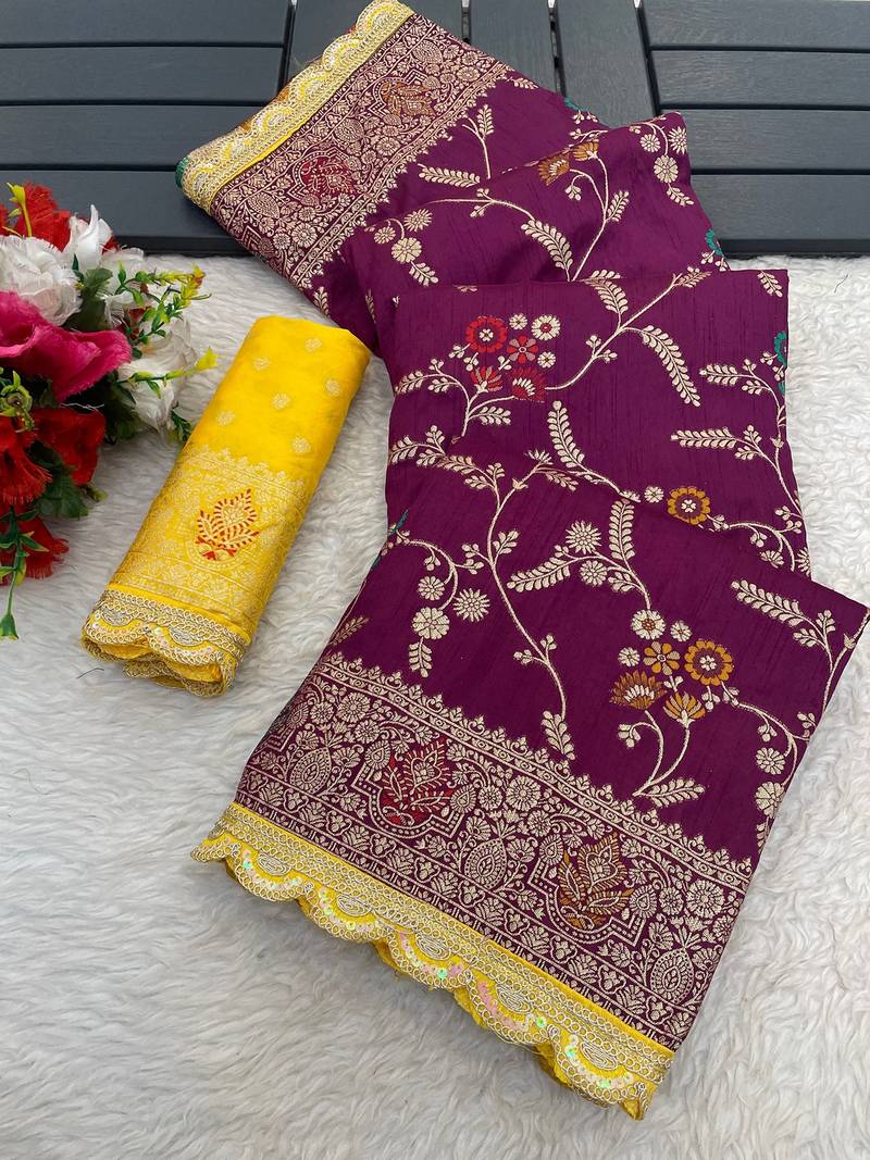 Wine hand dying & embroidery lace dola silk blend saree with blouse