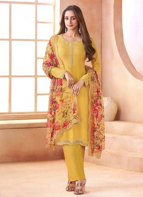 Chiffon mustard embroidered pant style readymade suit 1
