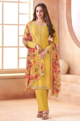 Chiffon mustard embroidered pant style readymade suit