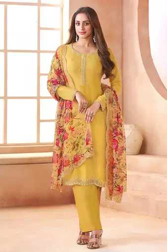 Chiffon mustard embroidered pant style readymade suit