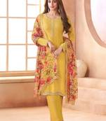 Chiffon mustard embroidered pant style readymade suit