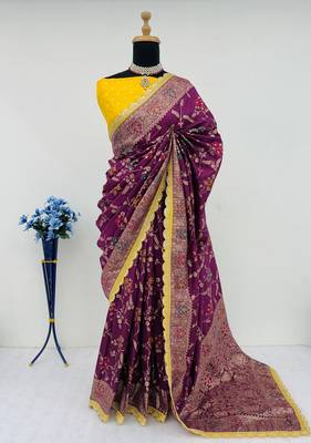 Wine hand dying & embroidery lace dola silk blend saree with blouse 2