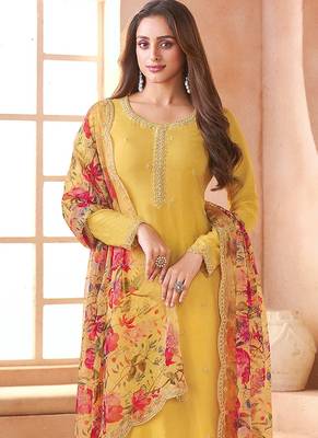 Chiffon mustard embroidered pant style readymade suit 2