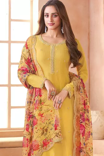 Chiffon mustard embroidered pant style readymade suit