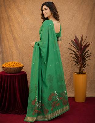 Green linen jacuard bird motif work bird saree with unstitched blouse piece 2