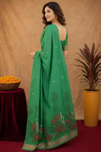 Green linen jacuard bird motif work bird saree with unstitched blouse piece