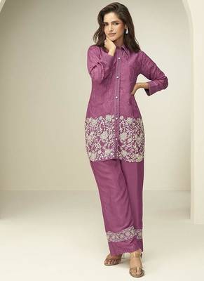 Onion pink chinon silk thread embroidery and schiffli work readymade co ord sets 1