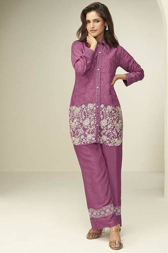 Onion pink chinon silk thread embroidery and schiffli work readymade co ord sets