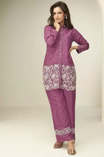Onion pink chinon silk thread embroidery and schiffli work readymade co ord sets