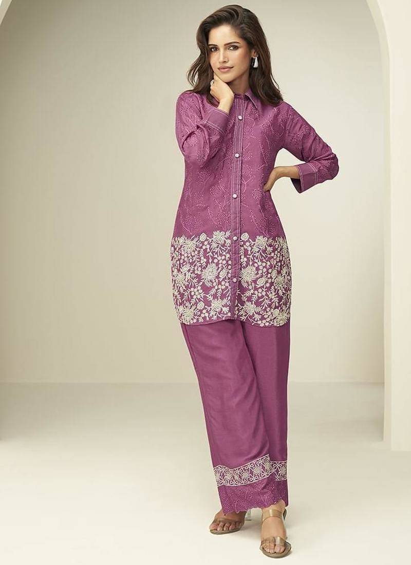 Onion pink chinon silk thread embroidery and schiffli work readymade co ord sets