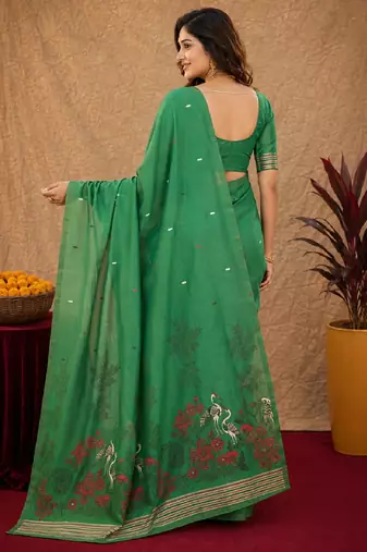 Green linen jacuard bird motif work bird saree with unstitched blouse piece