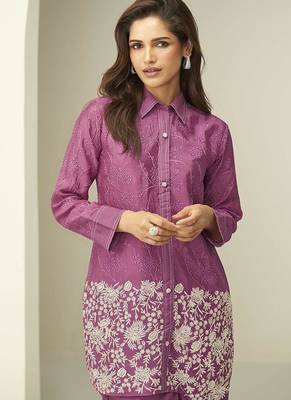 Onion pink chinon silk thread embroidery and schiffli work readymade co ord sets 2