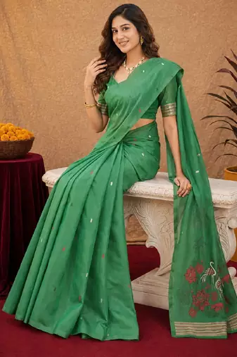 Green linen jacuard bird motif work bird saree with unstitched blouse piece