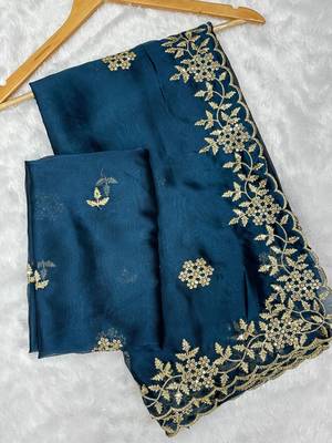 Petrol multicolor sequece embroidery work rangoli saree with blouse 1