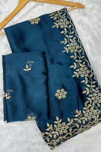 Petrol multicolor sequece embroidery work rangoli saree with blouse