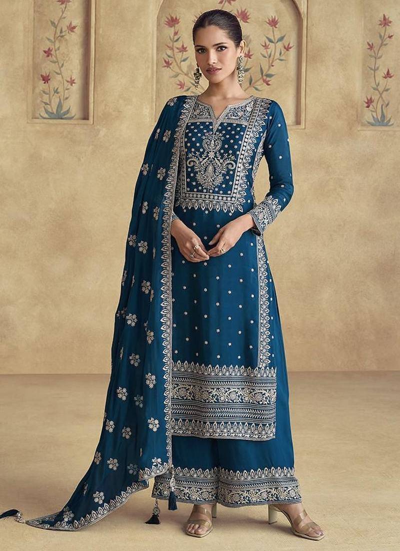 Teal blue chinon silk embroidered trendy readymade salwar kameez