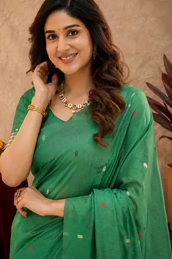 Green linen jacuard bird motif work bird saree with unstitched blouse piece