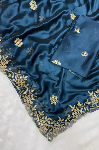 Petrol multicolor sequece embroidery work rangoli saree with blouse