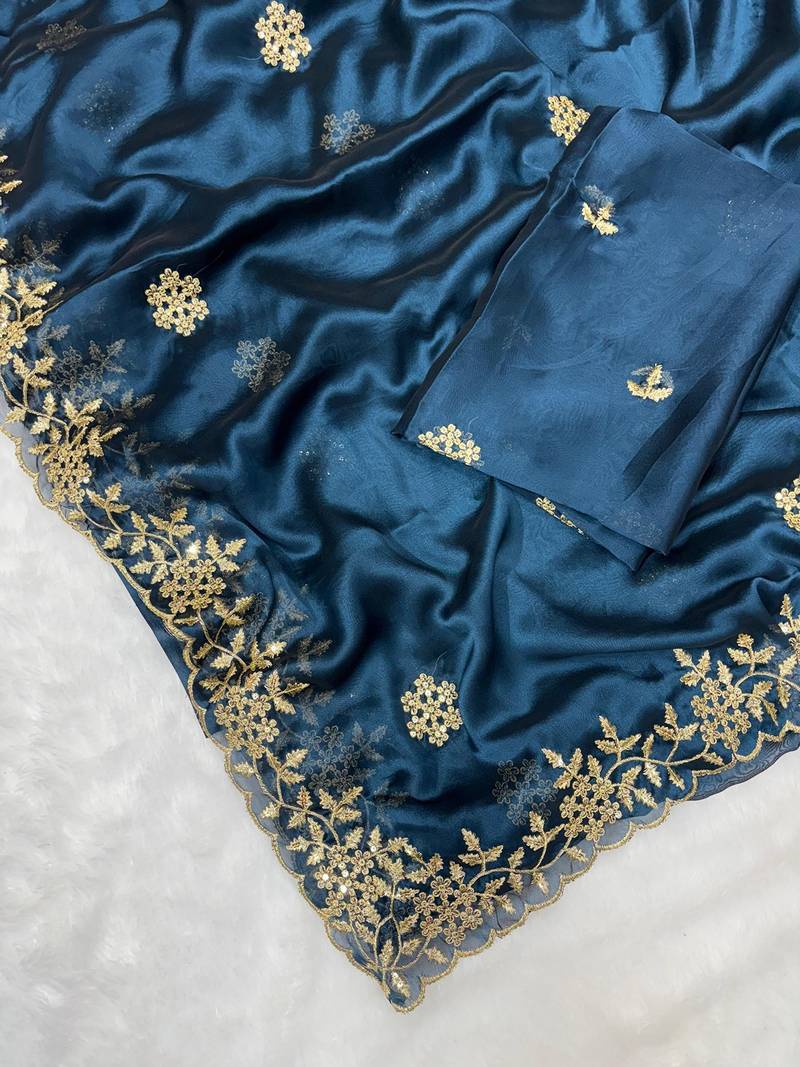 Petrol multicolor sequece embroidery work rangoli saree with blouse