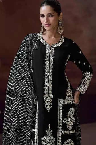 Black embroidered chinon silk readymade salwar kameez