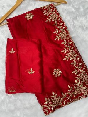 Red multicolor sequece embroidery work rangoli saree with blouse 1