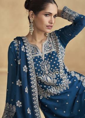 Teal blue chinon silk embroidered trendy readymade salwar kameez 2