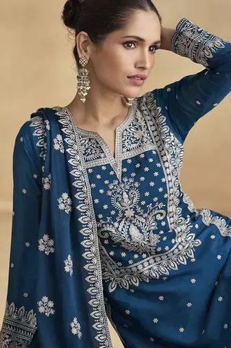 Teal blue chinon silk embroidered trendy readymade salwar kameez