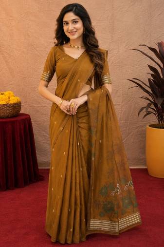 Mustard linen jacuard bird motif work bird saree with unstitched blouse piece