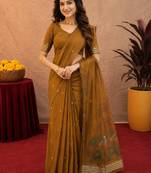 Mustard linen jacuard bird motif work bird saree with unstitched blouse piece