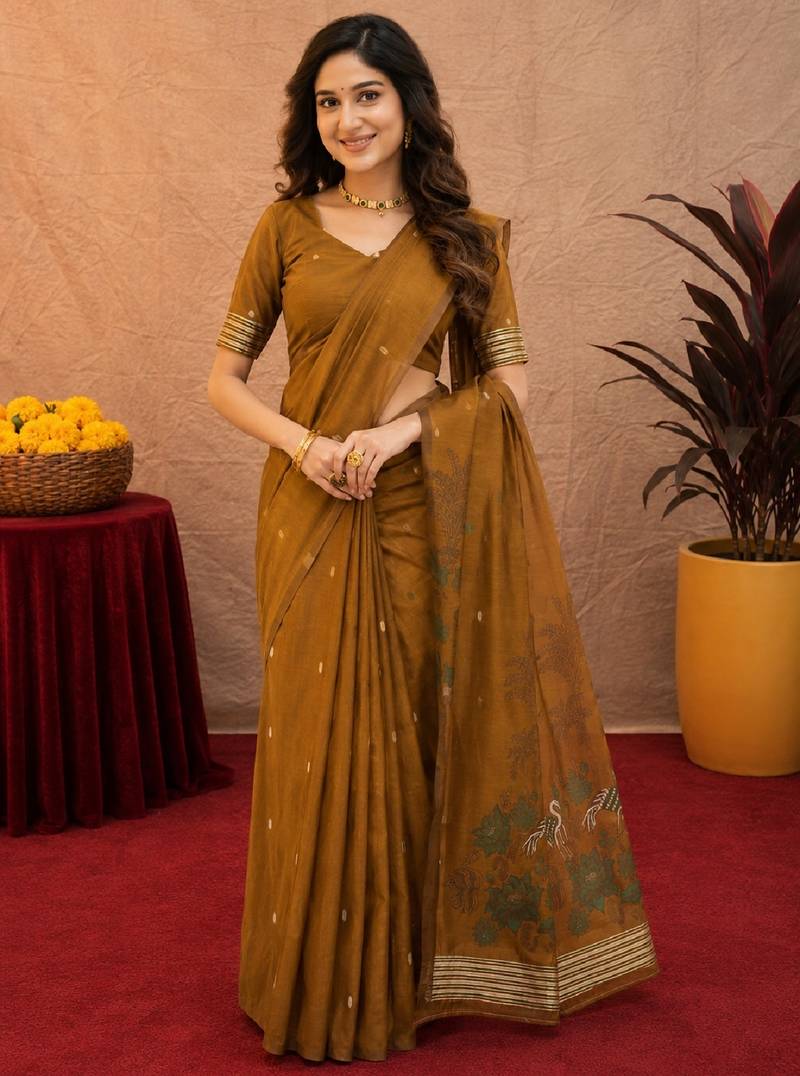 Mustard linen jacuard bird motif work bird saree with unstitched blouse piece
