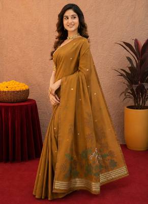 Mustard linen jacuard bird motif work bird saree with unstitched blouse piece 2