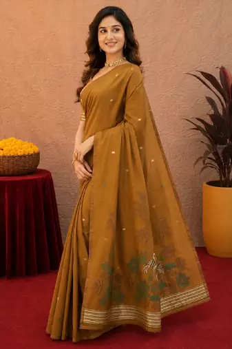 Mustard linen jacuard bird motif work bird saree with unstitched blouse piece