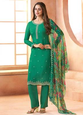 Chiffon green embroidered pant style readymade suit 1