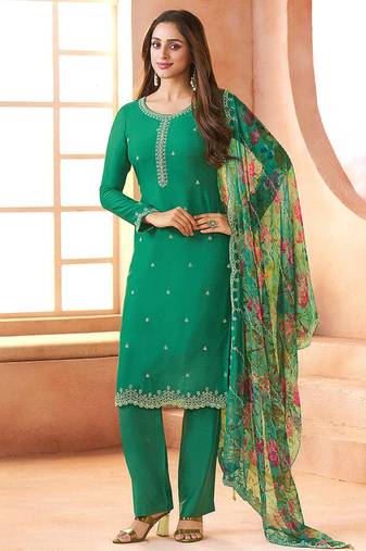 Chiffon green embroidered pant style readymade suit