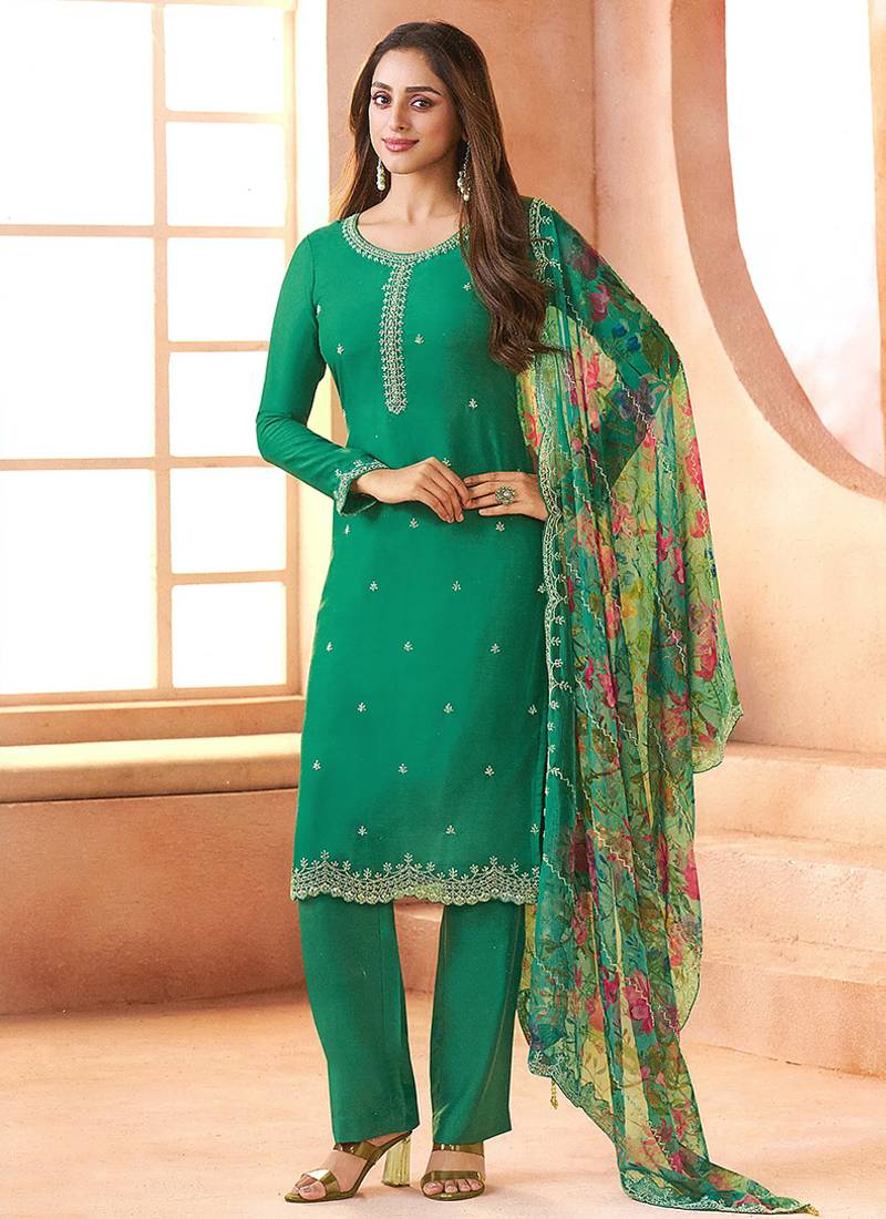 Chiffon green embroidered pant style readymade suit