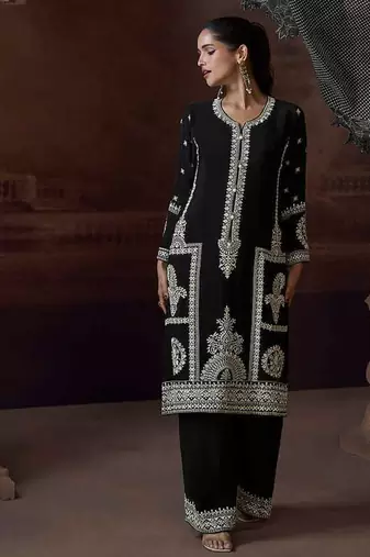 Black embroidered chinon silk readymade salwar kameez