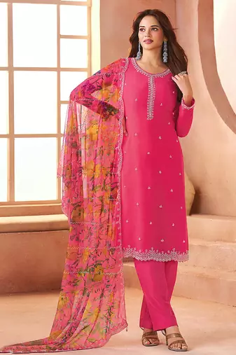 Chiffon hot pink embroidered pant style readymade suit