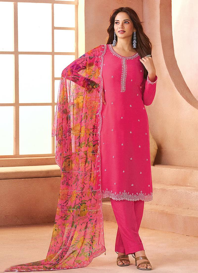 Chiffon hot pink embroidered pant style readymade suit