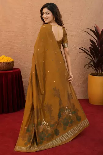 Mustard linen jacuard bird motif work bird saree with unstitched blouse piece
