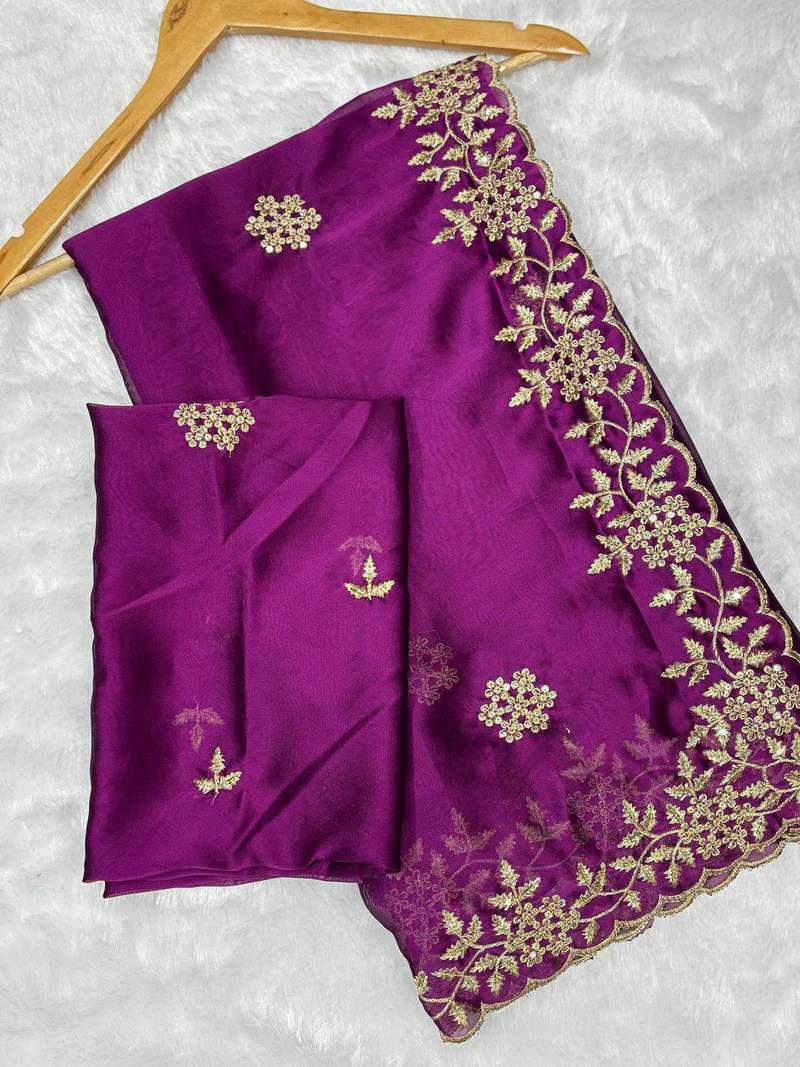 Wine multicolor sequece embroidery work rangoli saree with blouse