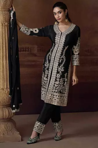 Black embroidered chinon silk readymade salwar kameez