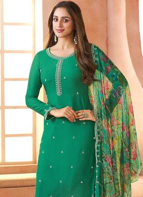 Chiffon green embroidered pant style readymade suit 2