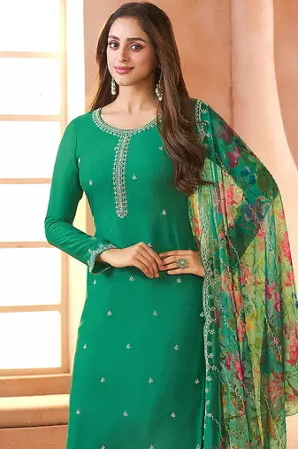 Chiffon green embroidered pant style readymade suit
