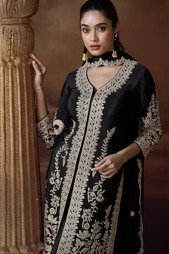 Black embroidered chinon silk readymade salwar kameez