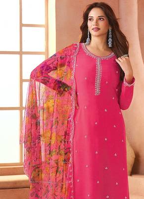 Chiffon hot pink embroidered pant style readymade suit 2