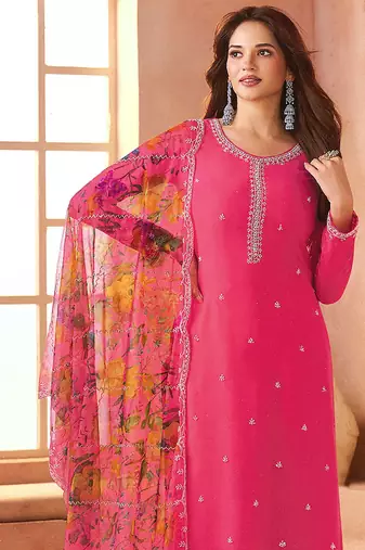 Chiffon hot pink embroidered pant style readymade suit